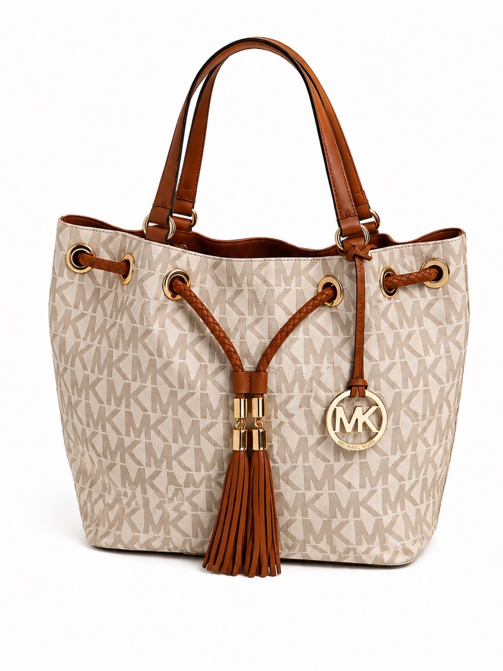 Michael Kors Drawstring Tote Bag Vanilla Brown Shoulder Purse Jet Set Handbag